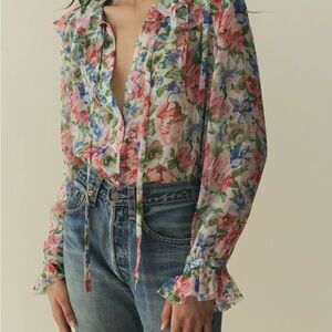 Doen Floral Sheer Blouse in Pink and Green